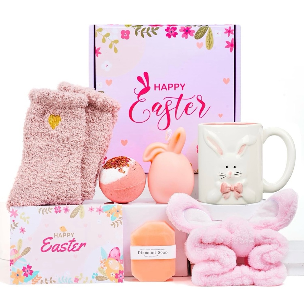 Easter Basket Essentials For Women’s Basket with Pink Bunny Mug and Socks